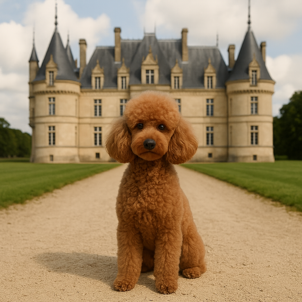 Ein Labradoodle sitzt vor einem Schloss.