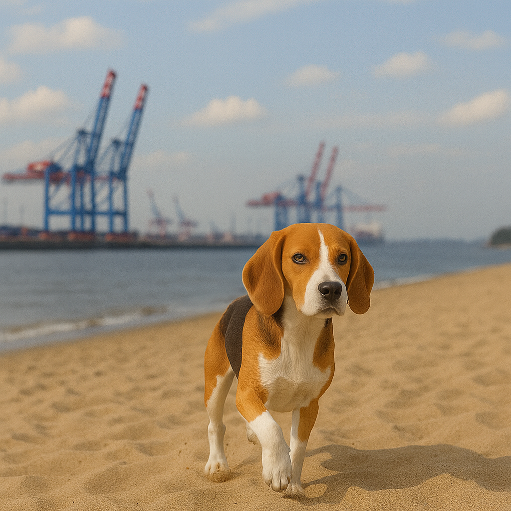 Beagle am Strand bei Sonnenschein, im Hintergrund blau-rote Hafenkräne.