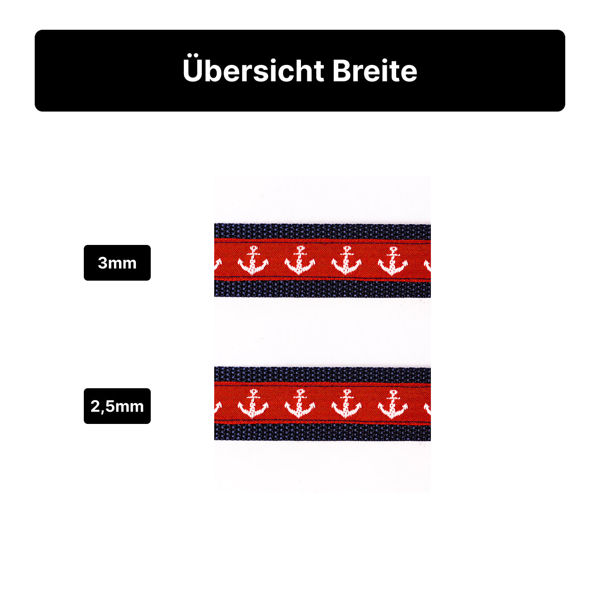 Darstellung der Breite von 2,5 mm und 3 mm für ein Halsband aus der Maritim-Style-Serie.