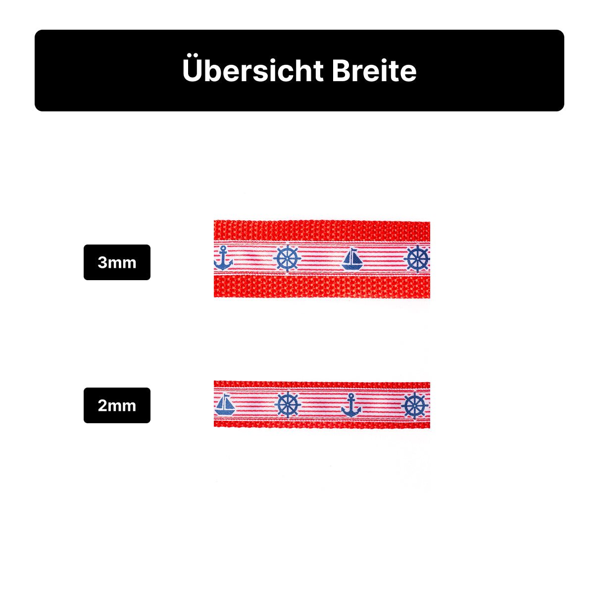 Darstellung der Breite von 2 mm und 3 mm für ein Halsband aus der Maritim-Style-Serie.