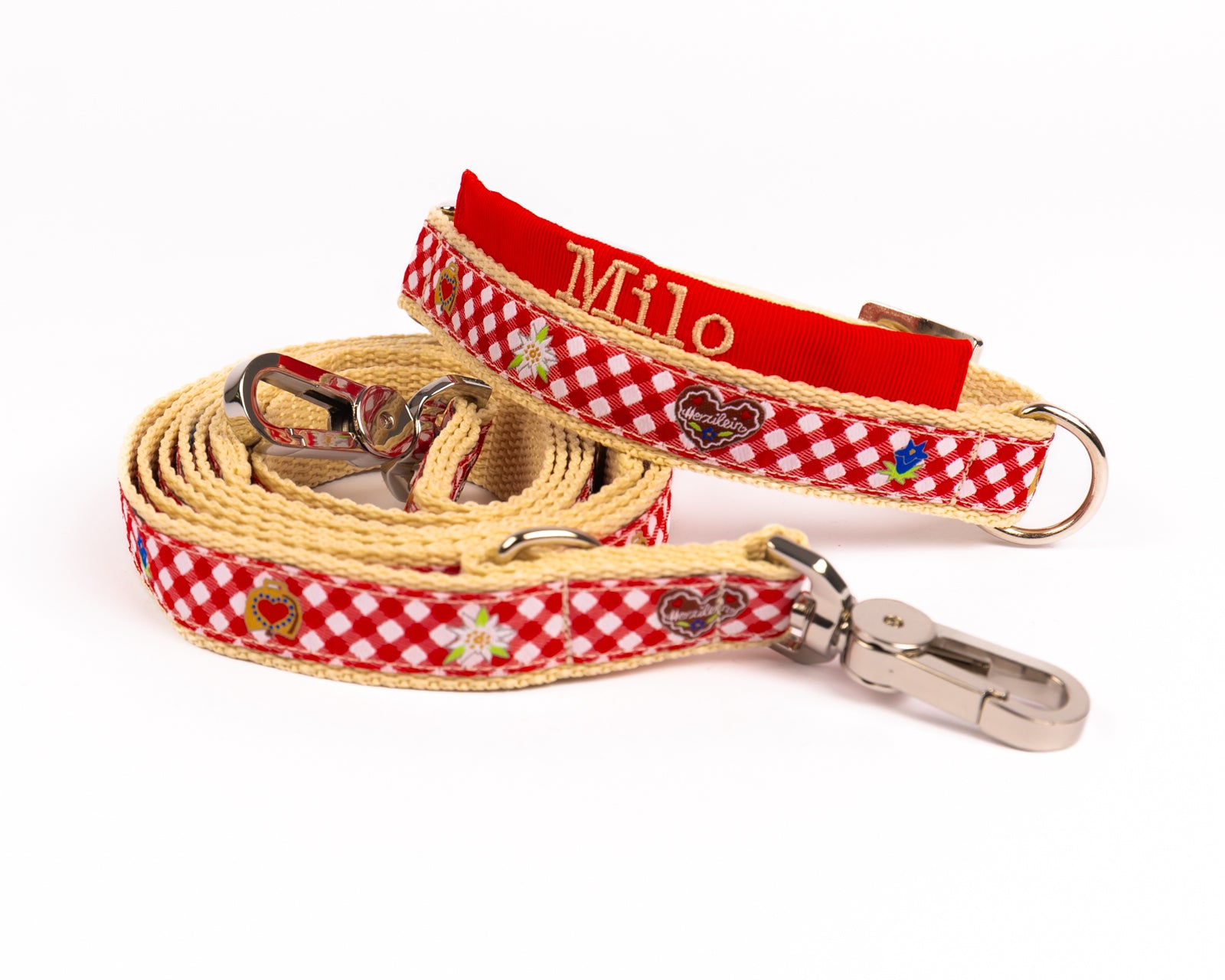 Hundeleine und Hundehalsband Modell "Milo" aus der Kollektion Herzallerliebst Style.