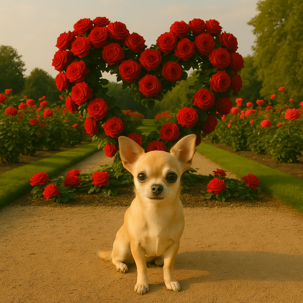 Chihuahua sitzt vor einem Herz geformt aus roten Rosen.