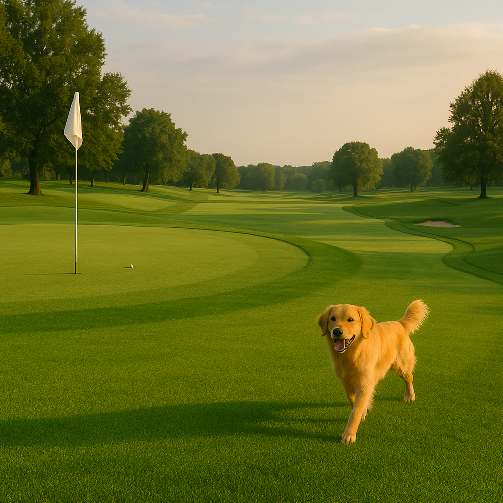 Golden Retriver auf einem Golfplatz neben einem Loch samt Fahne und Golfball.
