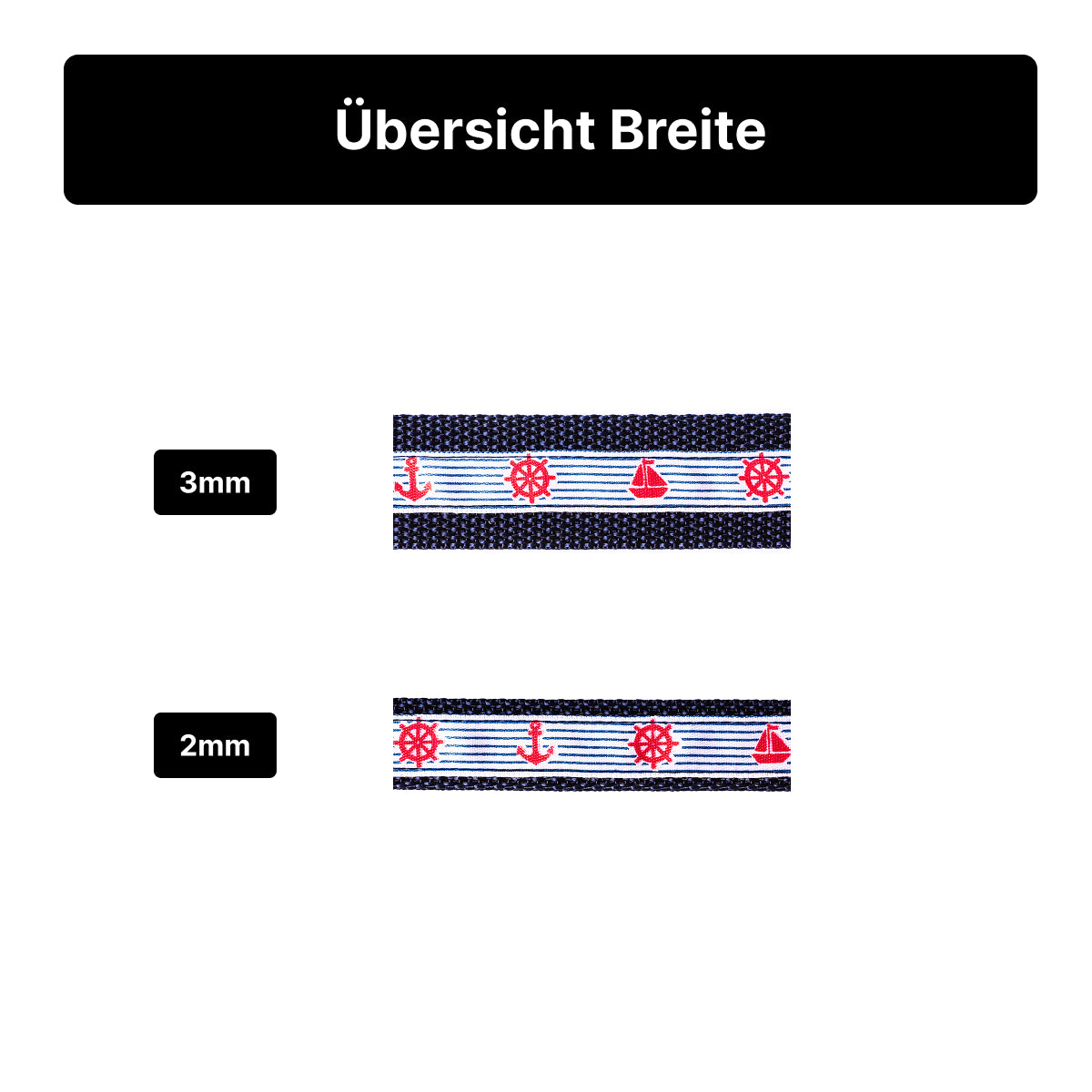 Darstellung der Breite von 2 mm und 3 mm für ein Halsband aus der Maritim-Style-Serie.