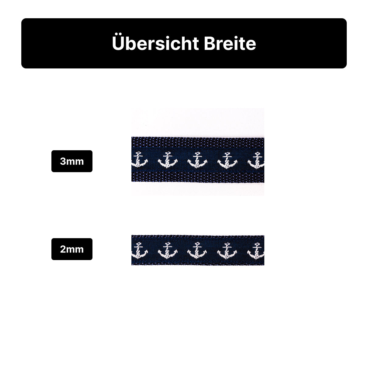 Darstellung der Breite von 2 mm und 3 mm für ein Halsband aus der Maritim-Style-Serie.